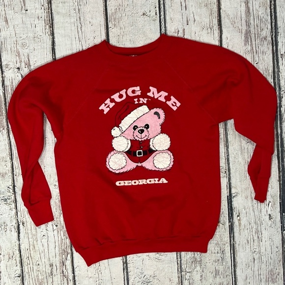 Vintage 1980s Hug Me in Georgia 80s Red Pullover Jumper Sweatshirt - Picture 1 of 6